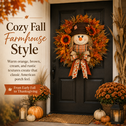 🍂🌻 Lighted Scarecrow Fall Wreath for Front Door