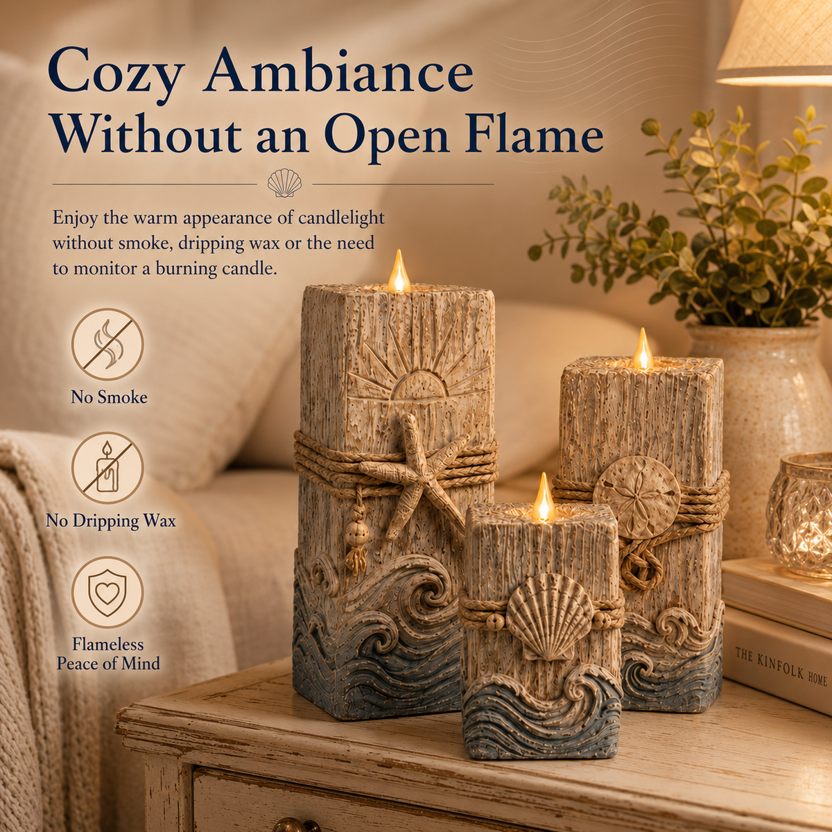 Vintage Wooden Coastal Seashell LED Candle Decor