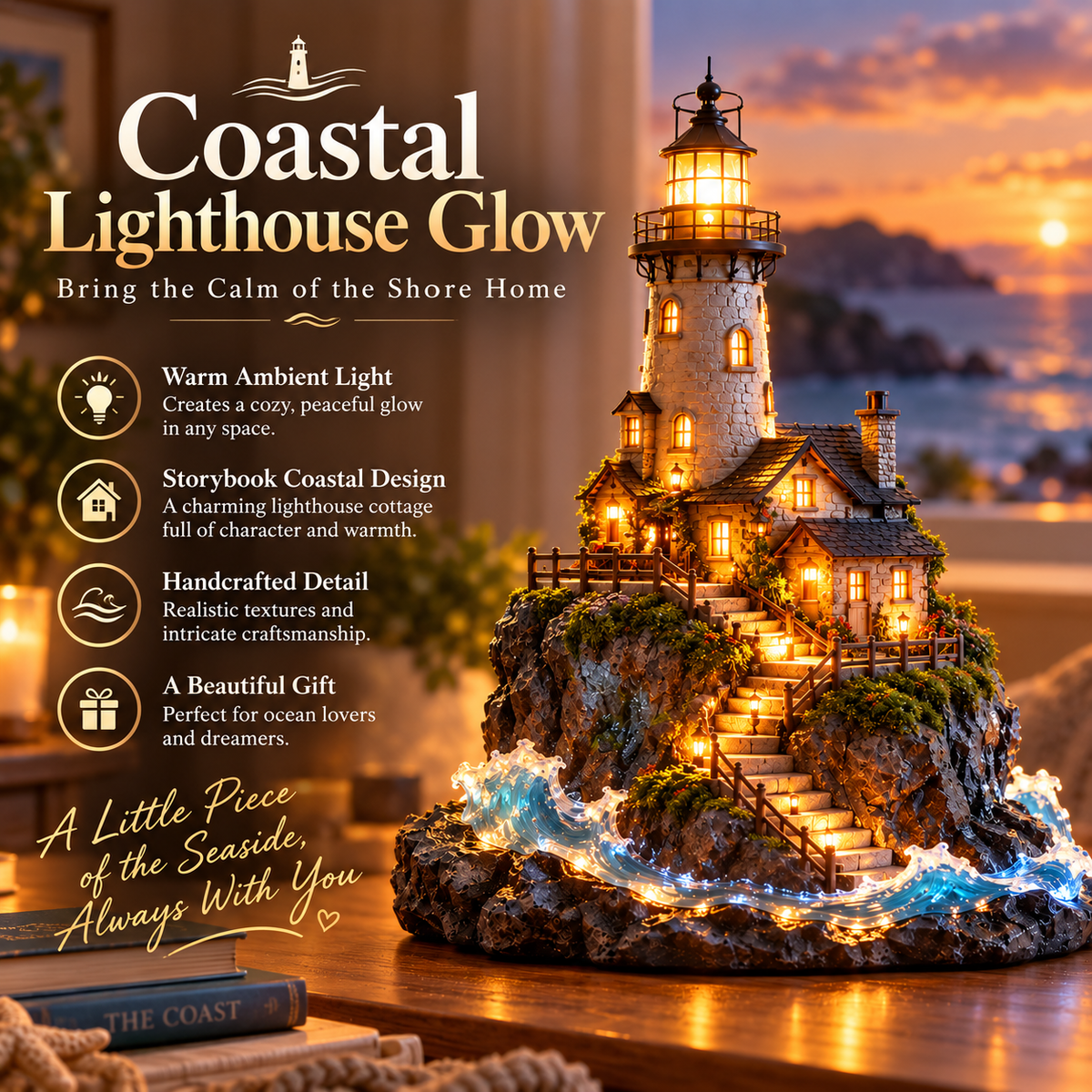 🗼 Illuminated Coastal Lighthouse Scene | Warm Seaside Tabletop Décor