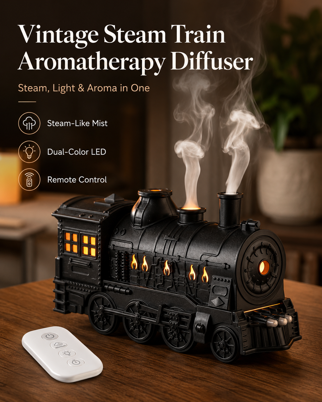 🔥🚂Vintage Steam Train Humidifier – 300ML Aromatherapy Diffuser with LED Light