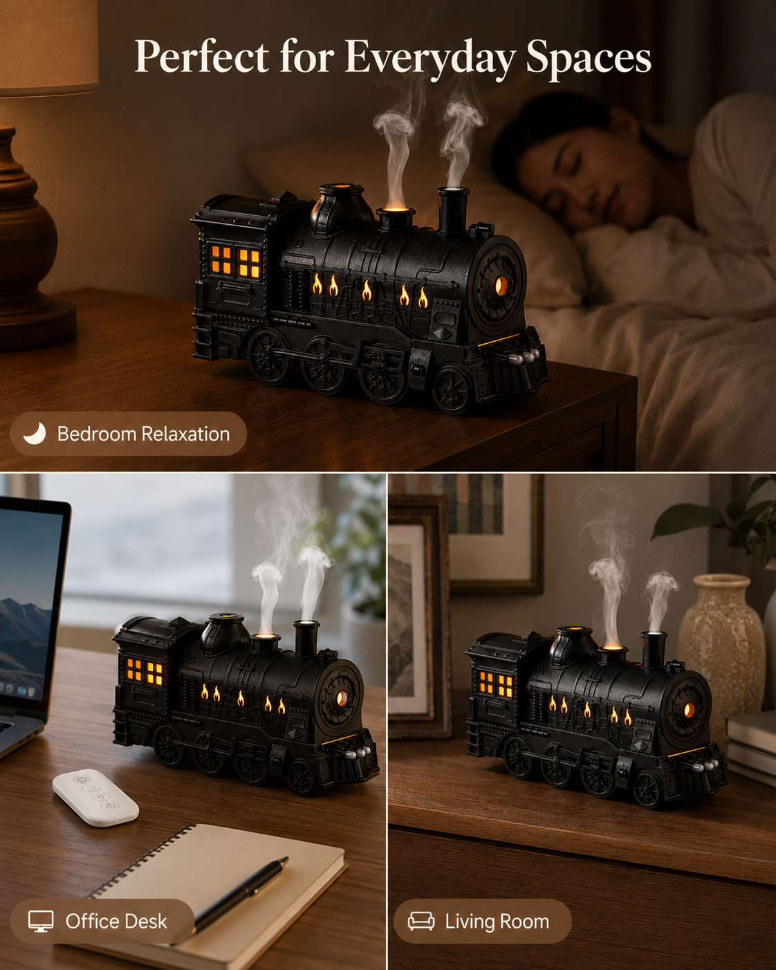 🔥🚂Vintage Steam Train Humidifier – 300ML Aromatherapy Diffuser with LED Light