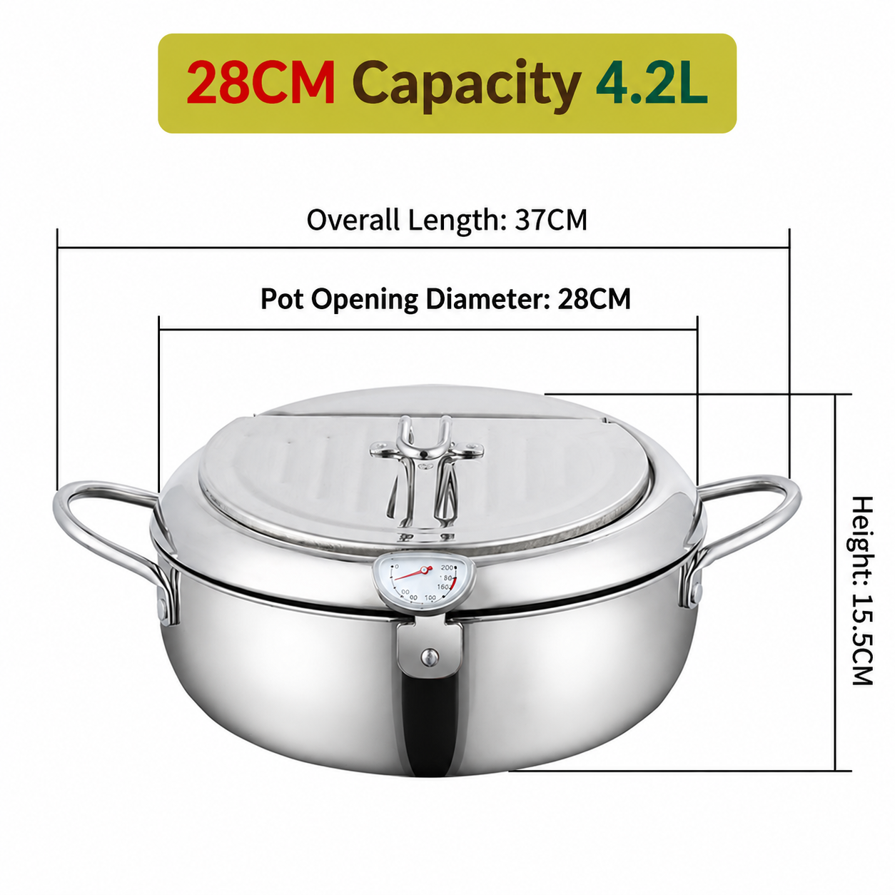 🥗Kitchen Essentials 🍳 304 Stainless Steel Deep Fryer Pot – Thermometer, Oil Drain Rack, Splatter-Proof Lid