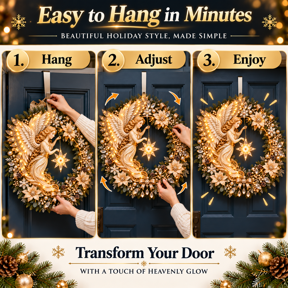 ✨ Heavenly Angel Christmas Wreath 🎄 Lighted Holiday Door Decor with Glowing Star