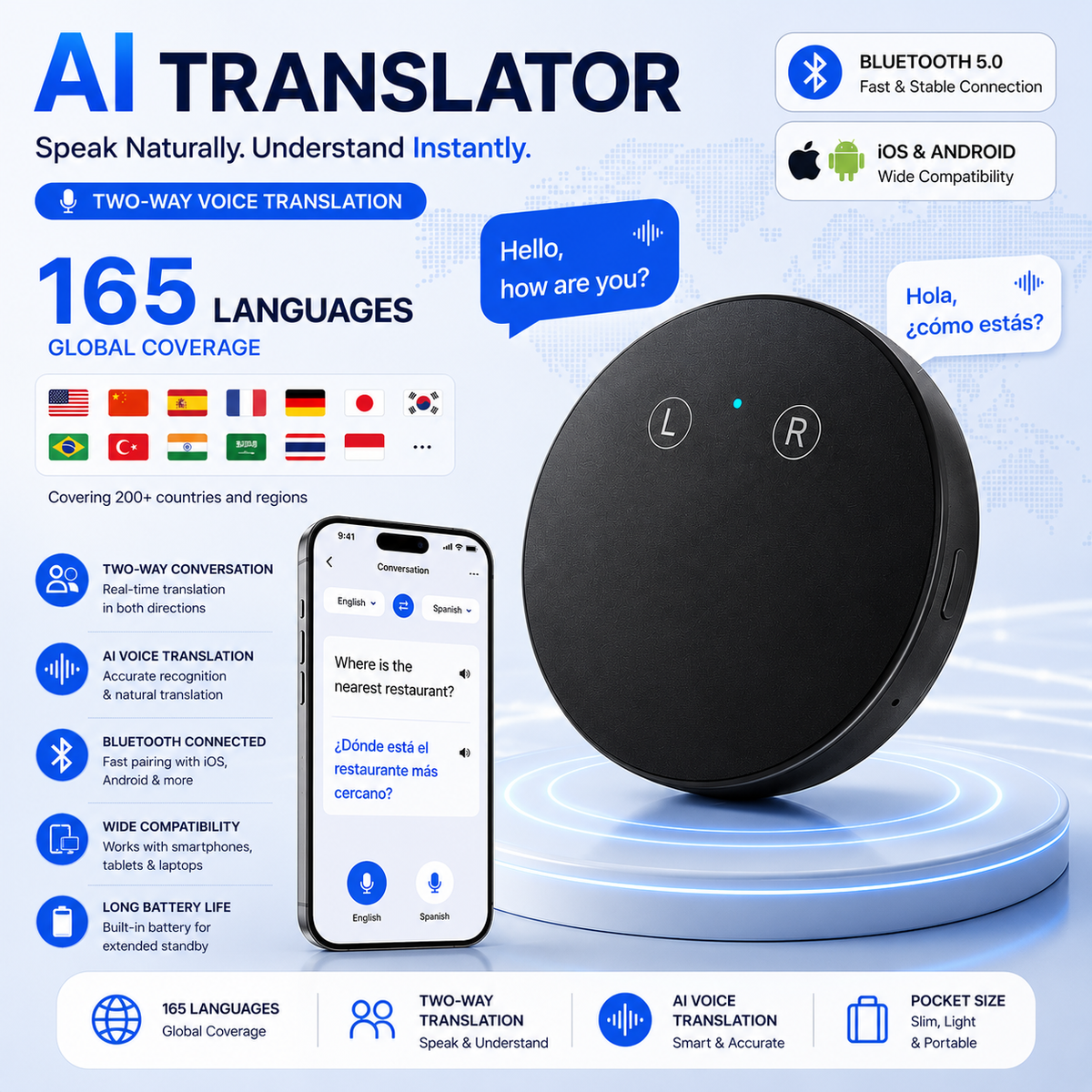 AI Pocket Translator – ✨Real-Time Two-Way Voice Translation in 165+ Languages