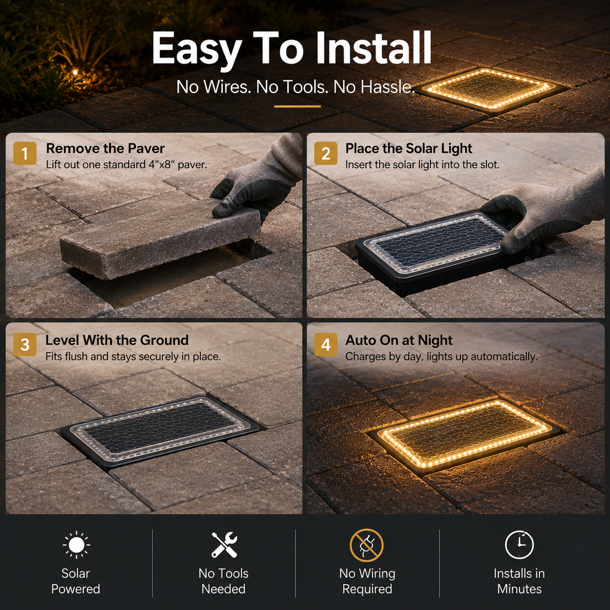 ☀️ Solar Paver Lights 4"×8" – Warm White Recessed Ground Lights for Driveways, Walkways & Patios