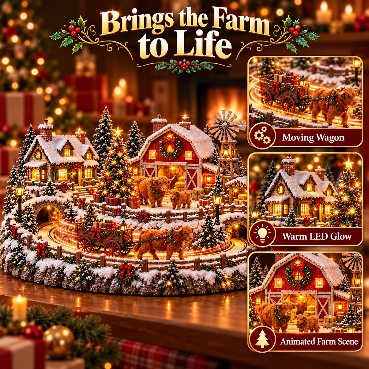 🐮 Animated Highland Cow Christmas Village | Lighted Farmhouse Holiday Décor