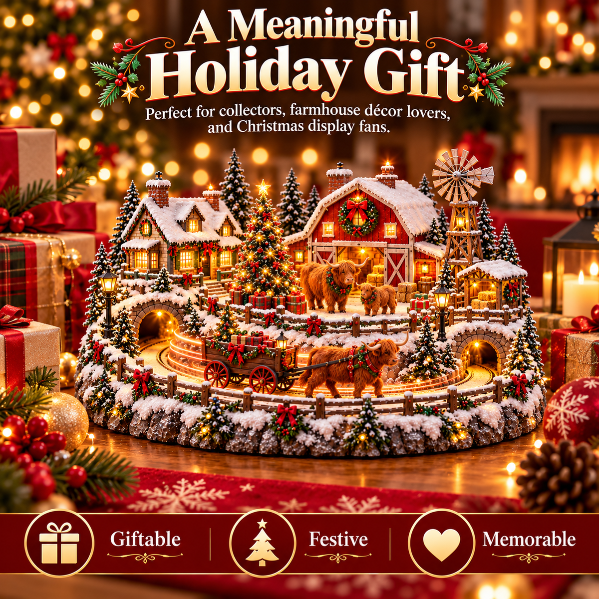 🐮 Animated Highland Cow Christmas Village | Lighted Farmhouse Holiday Décor