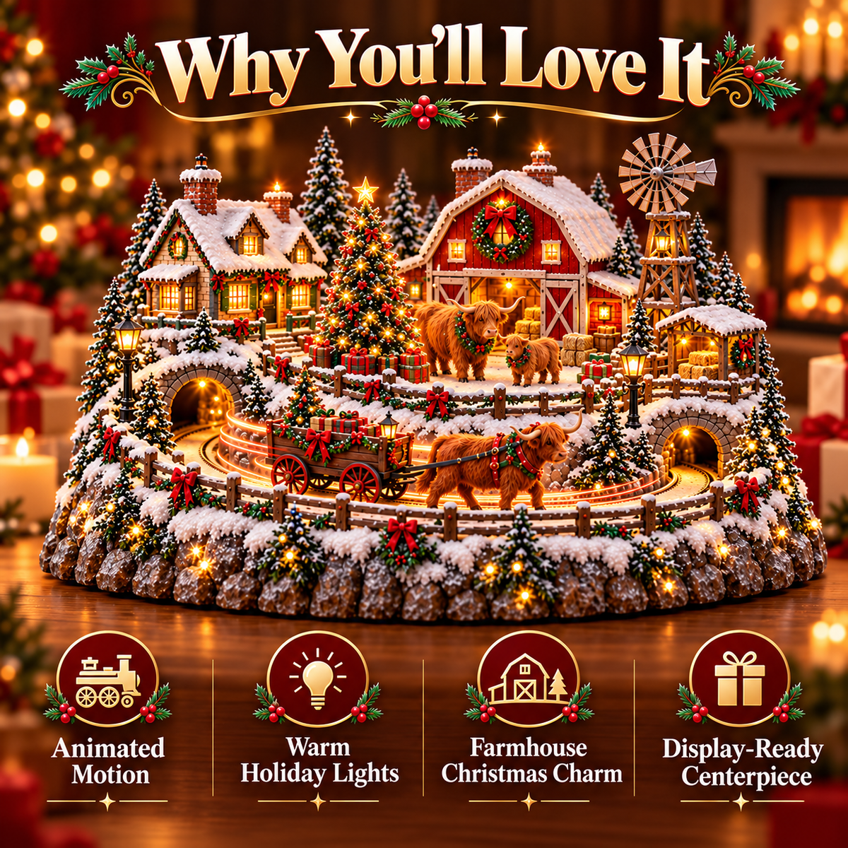 🐮 Animated Highland Cow Christmas Village | Lighted Farmhouse Holiday Décor