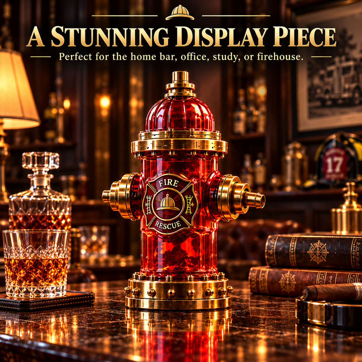 🚒 Firefighter Tribute Hydrant Whiskey Decanter – Red & Gold Memorial Display Gift