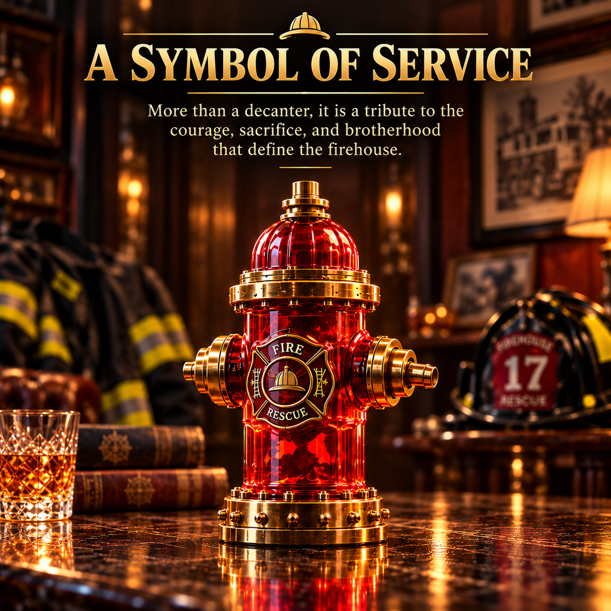 🚒 Firefighter Tribute Hydrant Whiskey Decanter – Red & Gold Memorial Display Gift