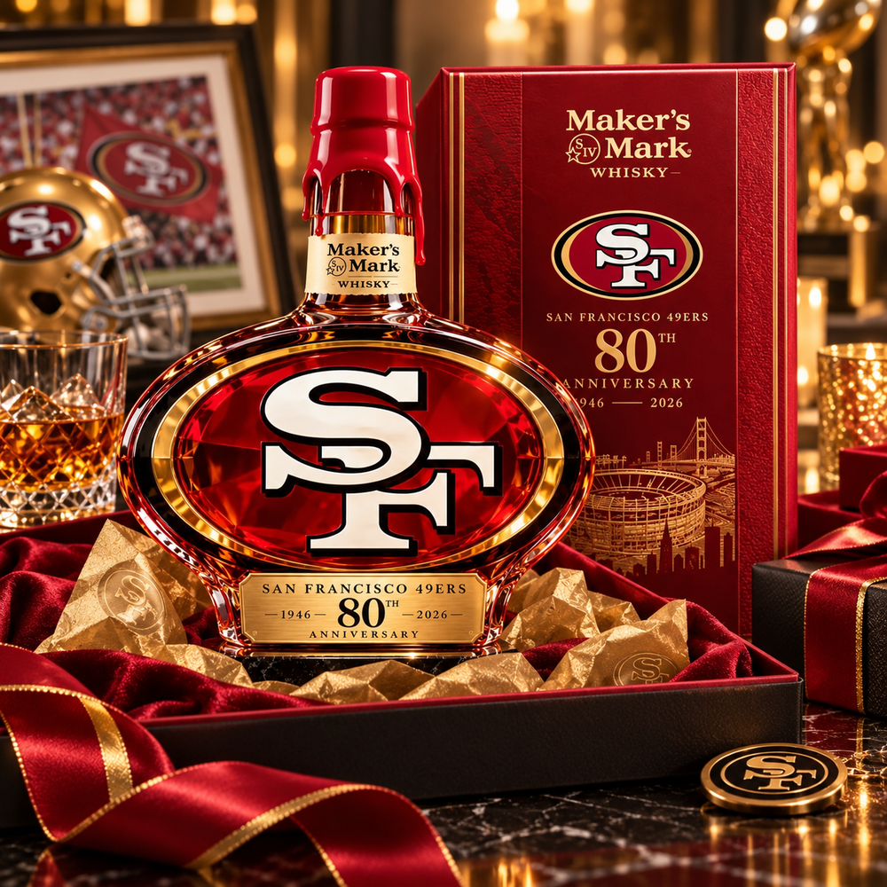 Red-and-gold anniversary decanter design