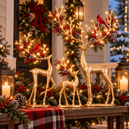 ✨ Cardinal Woodland Reindeer™ – Lighted Golden Christmas Deer Decorations