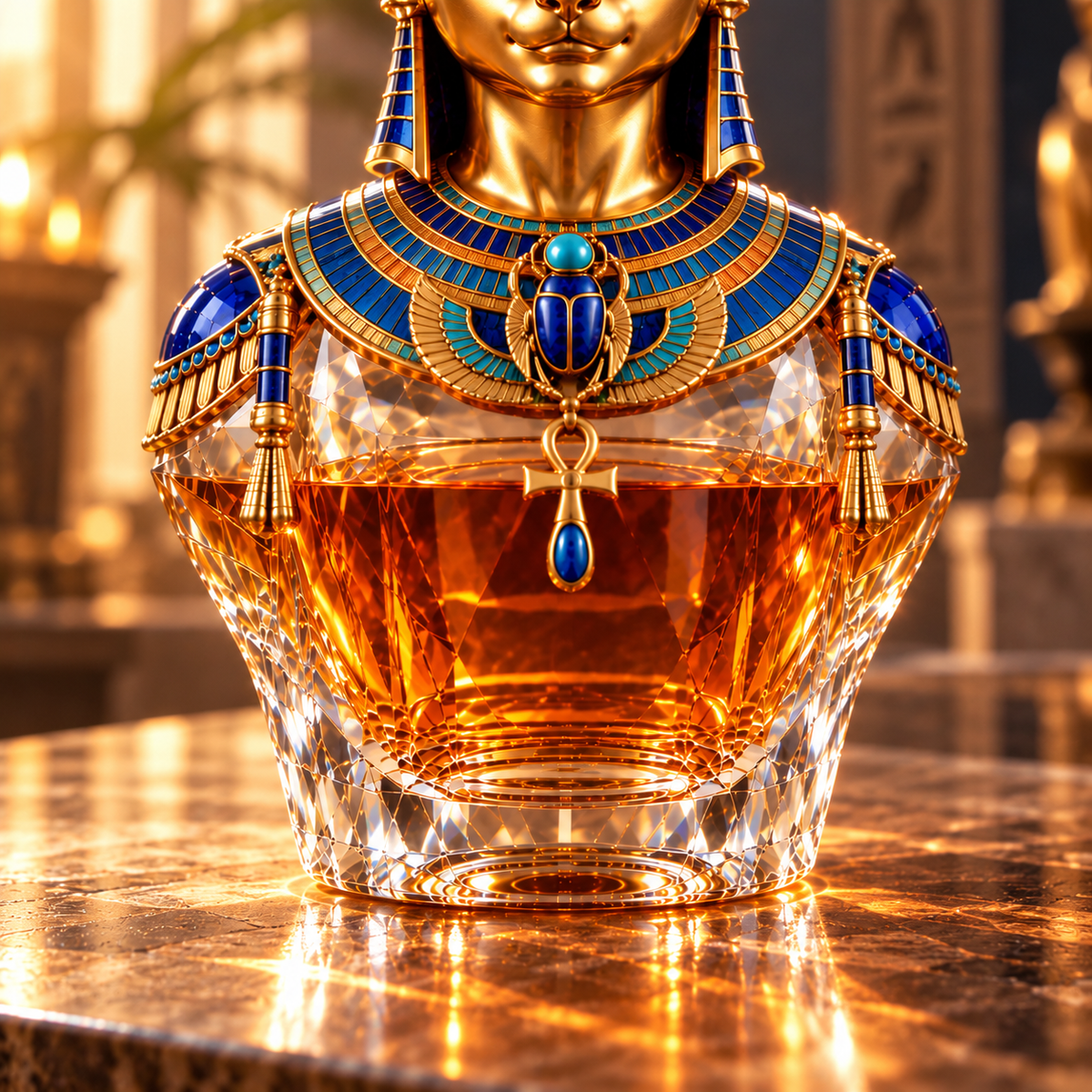 🐈Bastet’s Golden Grace Whiskey Decanter – Ancient Egyptian Cat Goddess Collectible Bottle🏺