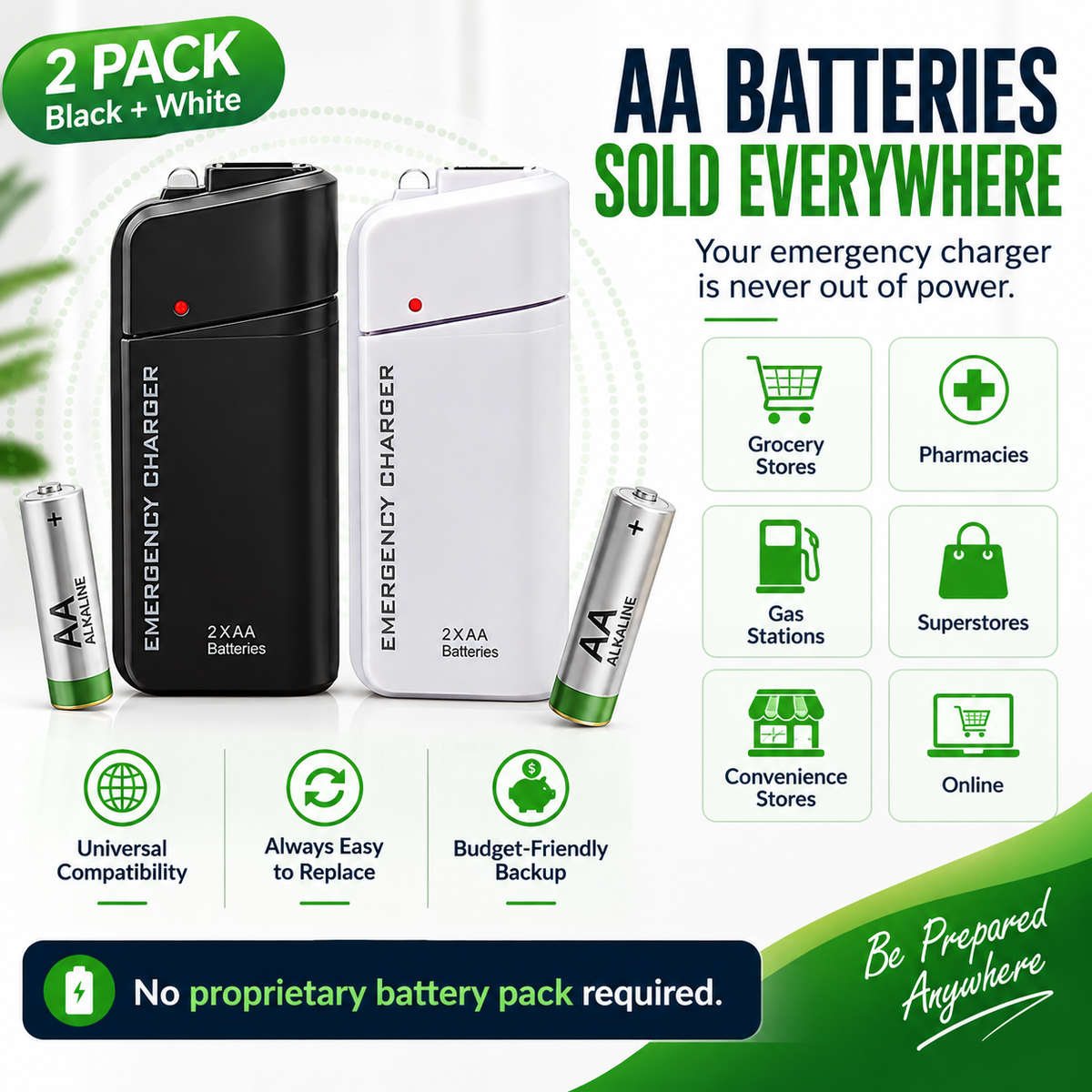 Portable Emergency Phone Charger AA Battery Powered Power Bank with LED Flashlight