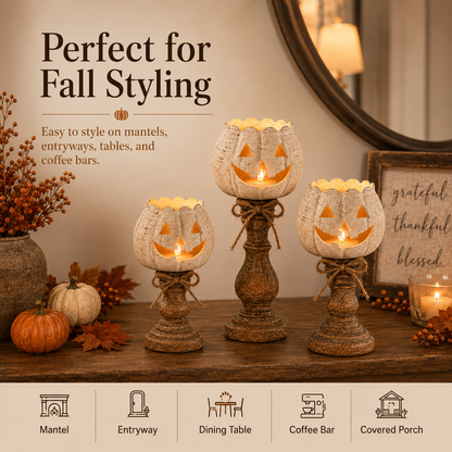 ✨Rustic White Pumpkin Tealight Candle Holder Set of 3