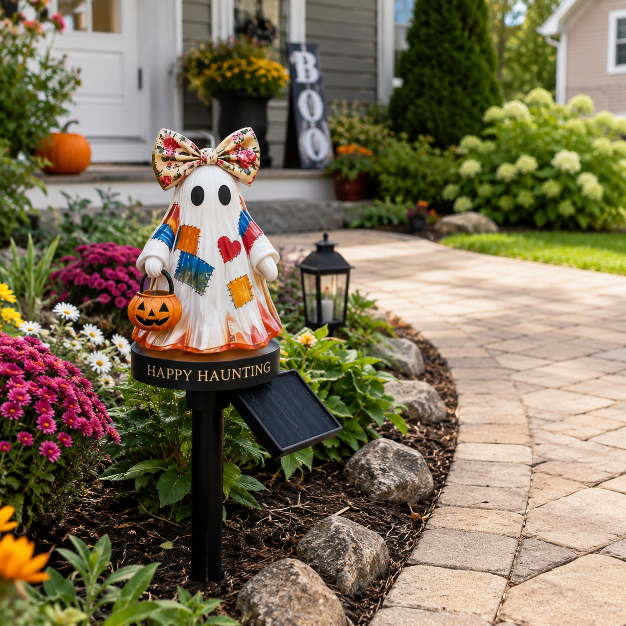 👻Patchwork Ghost Solar Garden Stake Light | Cute Halloween Decorative Pathway Lamp
