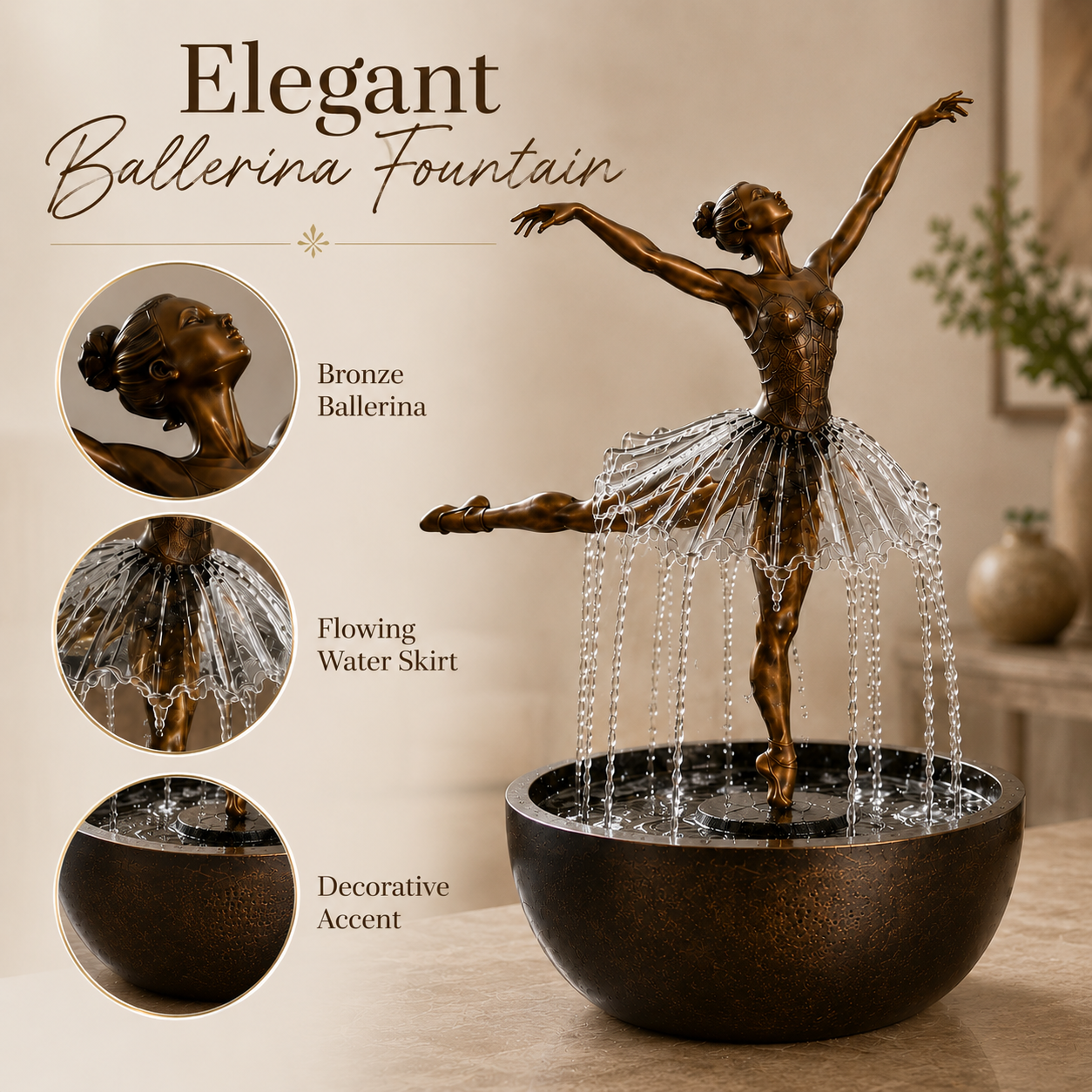 🎁 Elegant Ballerina Waterfall Fountain – Bronze Tabletop Water Feature with LED Accent Light
