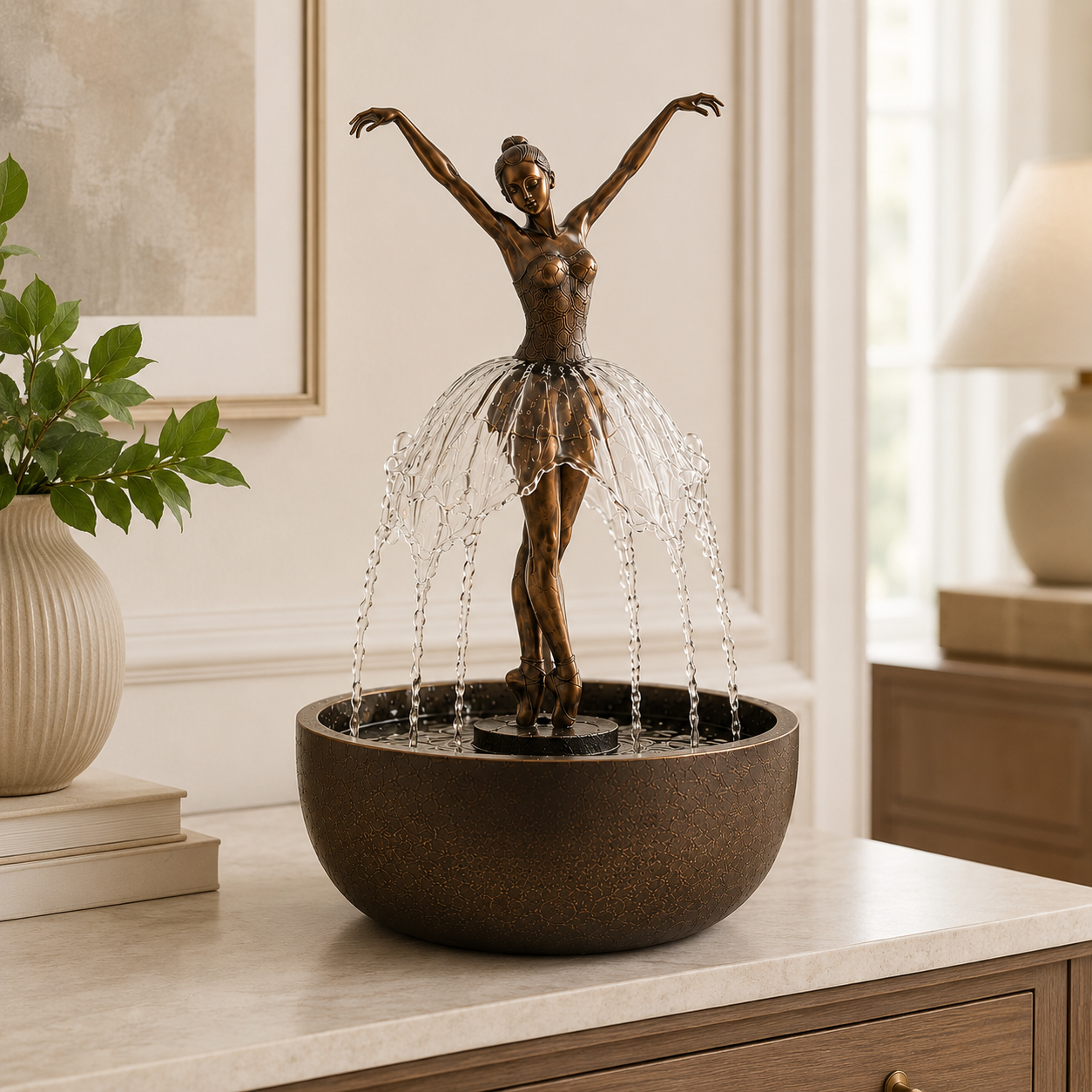 🎁 Elegant Ballerina Waterfall Fountain – Bronze Tabletop Water Feature with LED Accent Light