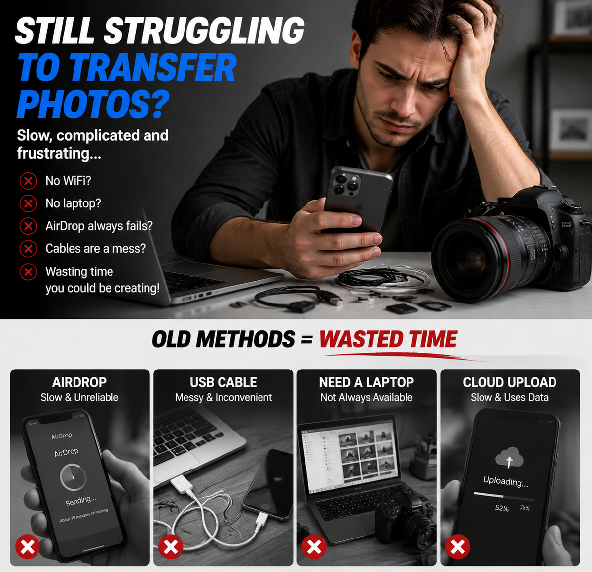 Common slow and complicated photo transfer workflows