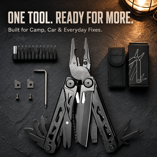 🏕️ 16-in-1 Camping Multi-Tool with Full-Size Scissors & Carrying Pouch