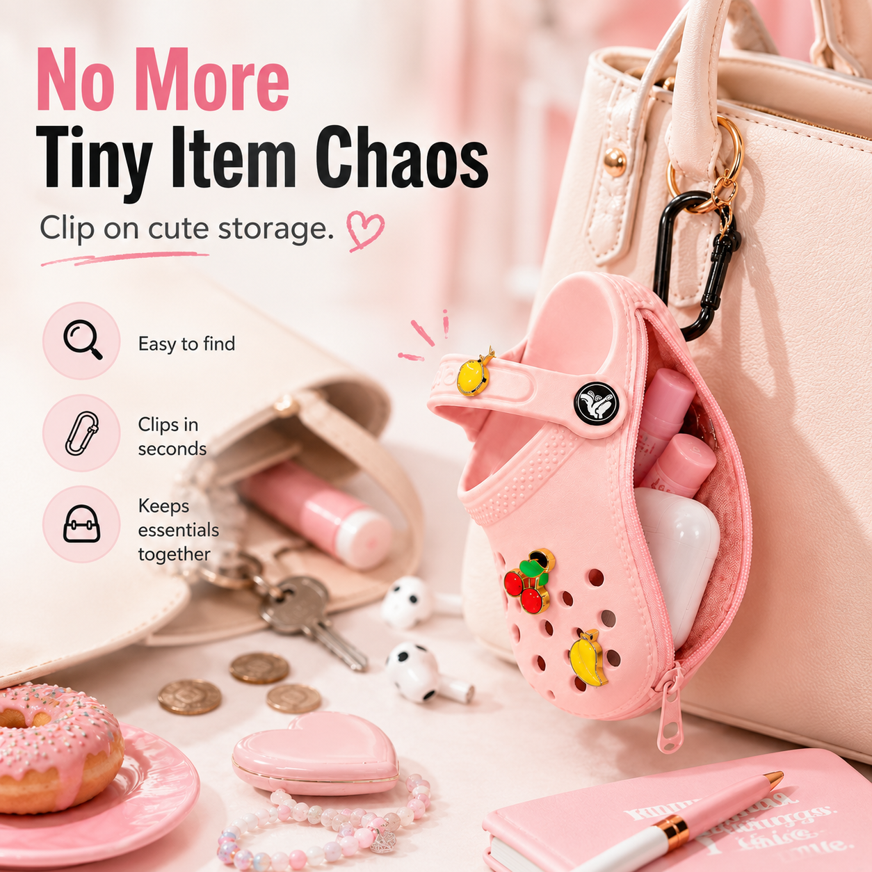 ✨ Mini Clog Charm Pouch – Cute Bag Pendant with Carabiner Clip & Coin Holder