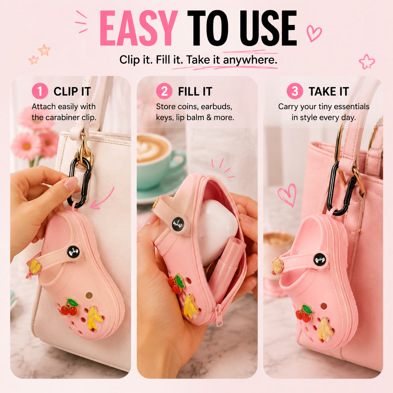 ✨ Mini Clog Charm Pouch – Cute Bag Pendant with Carabiner Clip & Coin Holder