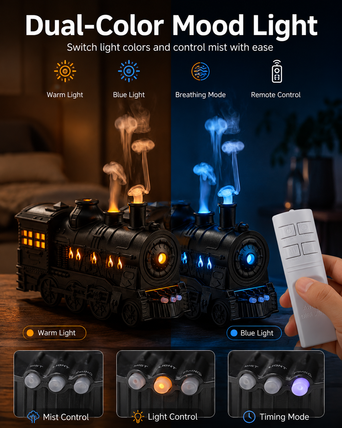 🔥🚂Vintage Steam Train Humidifier – 300ML Aromatherapy Diffuser with LED Light