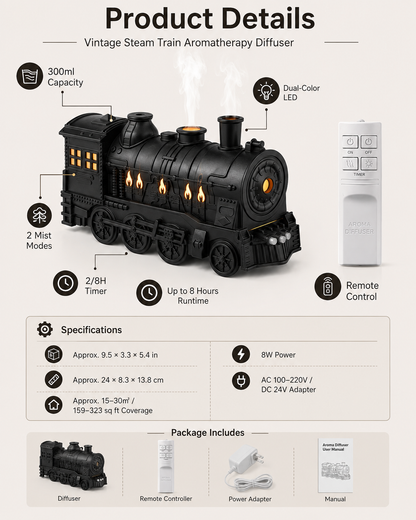 🔥🚂Vintage Steam Train Humidifier – 300ML Aromatherapy Diffuser with LED Light