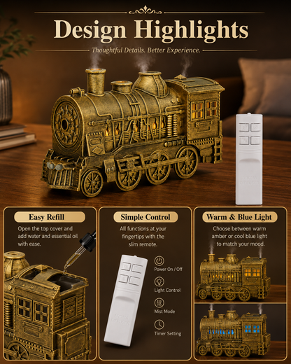 🔥🚂Vintage Steam Train Humidifier – 300ML Aromatherapy Diffuser with LED Light