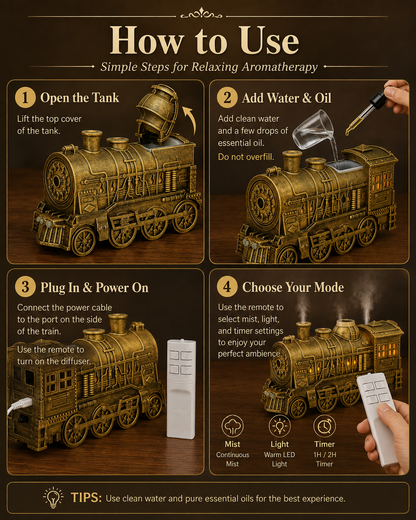 🔥🚂Vintage Steam Train Humidifier – 300ML Aromatherapy Diffuser with LED Light
