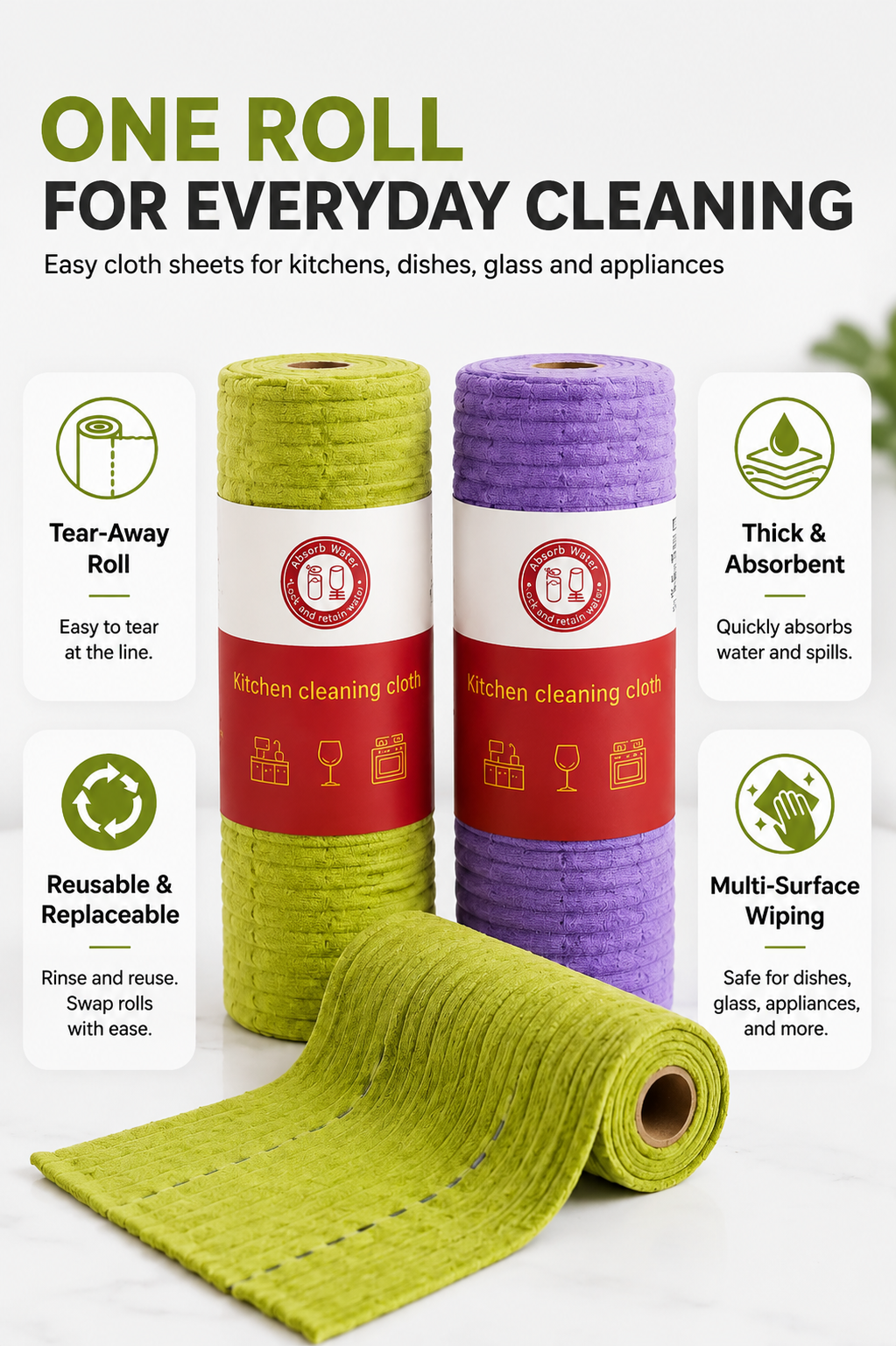 Multipurpose Reusable Tear-Off Cleaning Cloth Roll