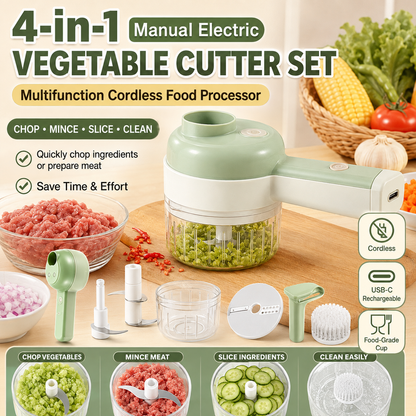 4-in-1 Handheld Electric Vegetable Cutter & Slicer | Cordless Food Processor with Cleaning Brush