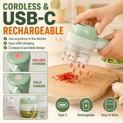 4-in-1 Handheld Electric Vegetable Cutter & Slicer | Cordless Food Processor with Cleaning Brush