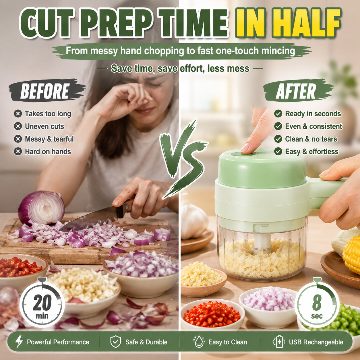 4-in-1 Handheld Electric Vegetable Cutter & Slicer | Cordless Food Processor with Cleaning Brush