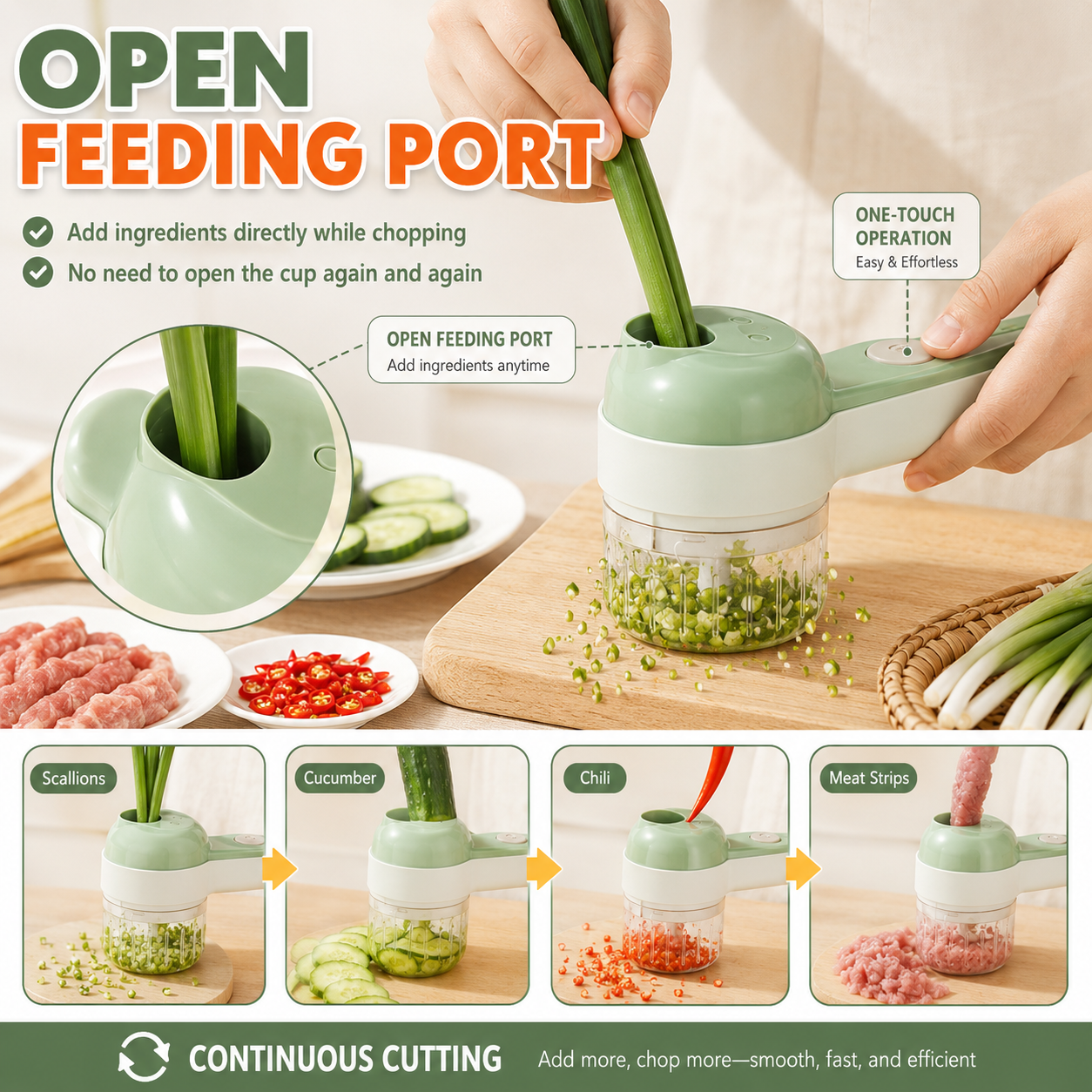 4-in-1 Handheld Electric Vegetable Cutter & Slicer | Cordless Food Processor with Cleaning Brush