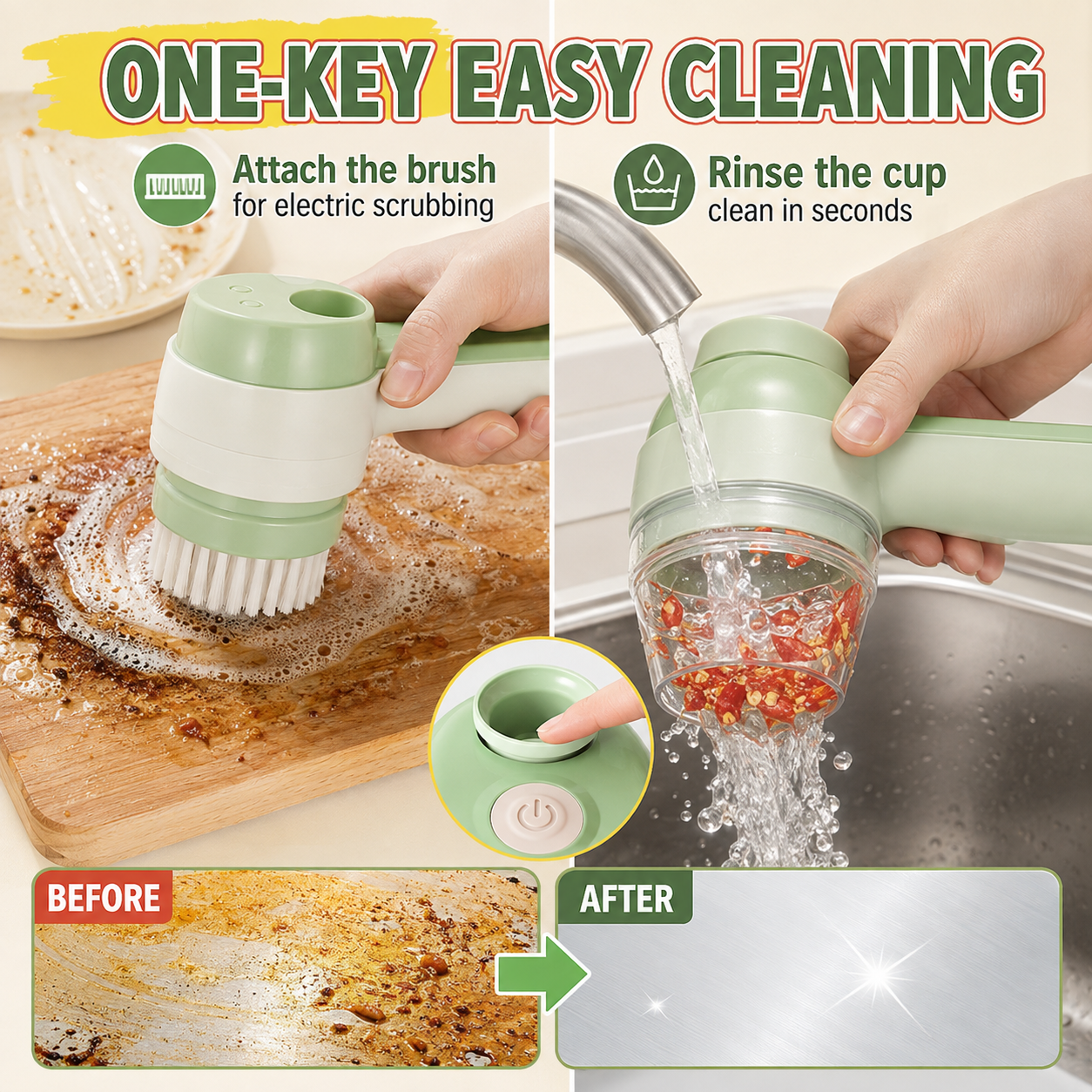 4-in-1 Handheld Electric Vegetable Cutter & Slicer | Cordless Food Processor with Cleaning Brush