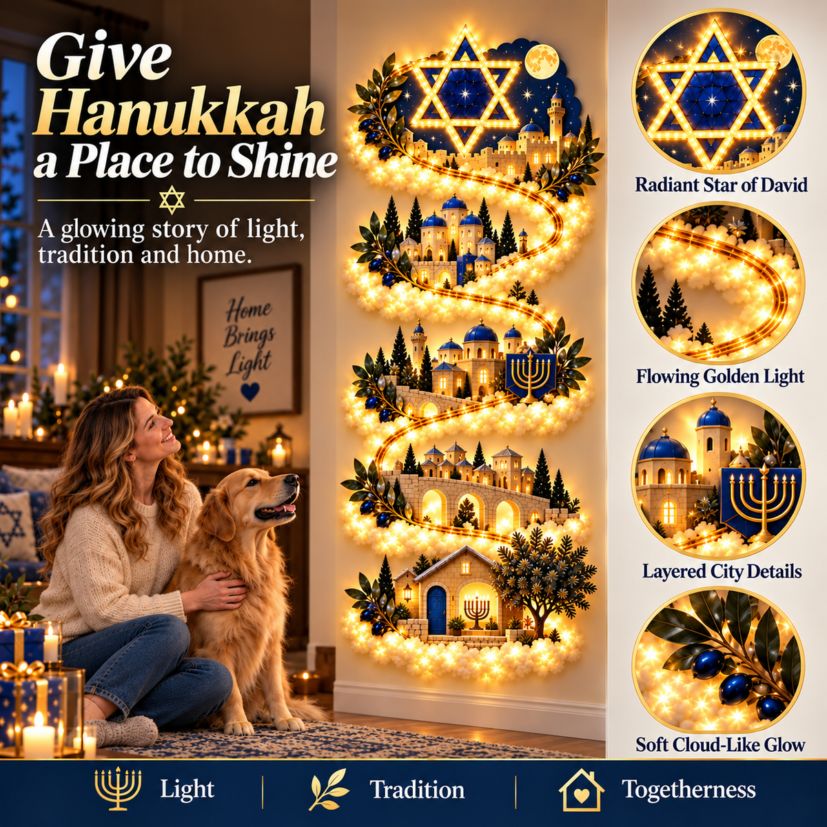 🔥🎁🕎 Hanukkah Festival of Lights Wall Decor Collection – 4 Glowing Designs Celebrating Eight Nights of Light ✨
