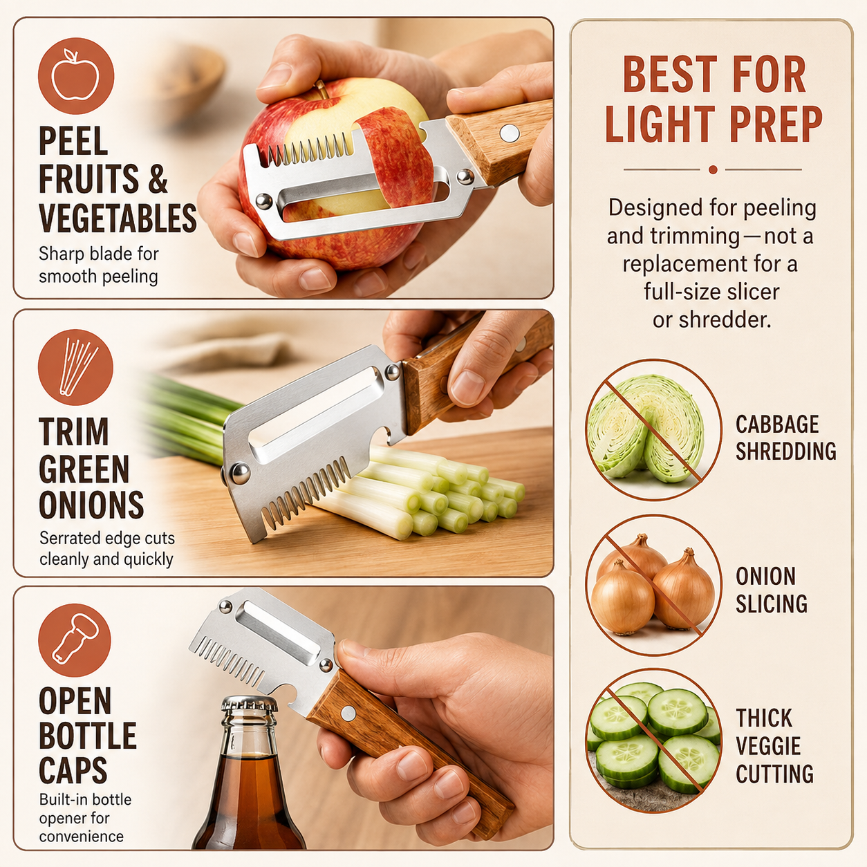 🔪3-in-1 Stainless Steel Vegetable Peeler, Julienne Cutter and Bottle Opener✨
