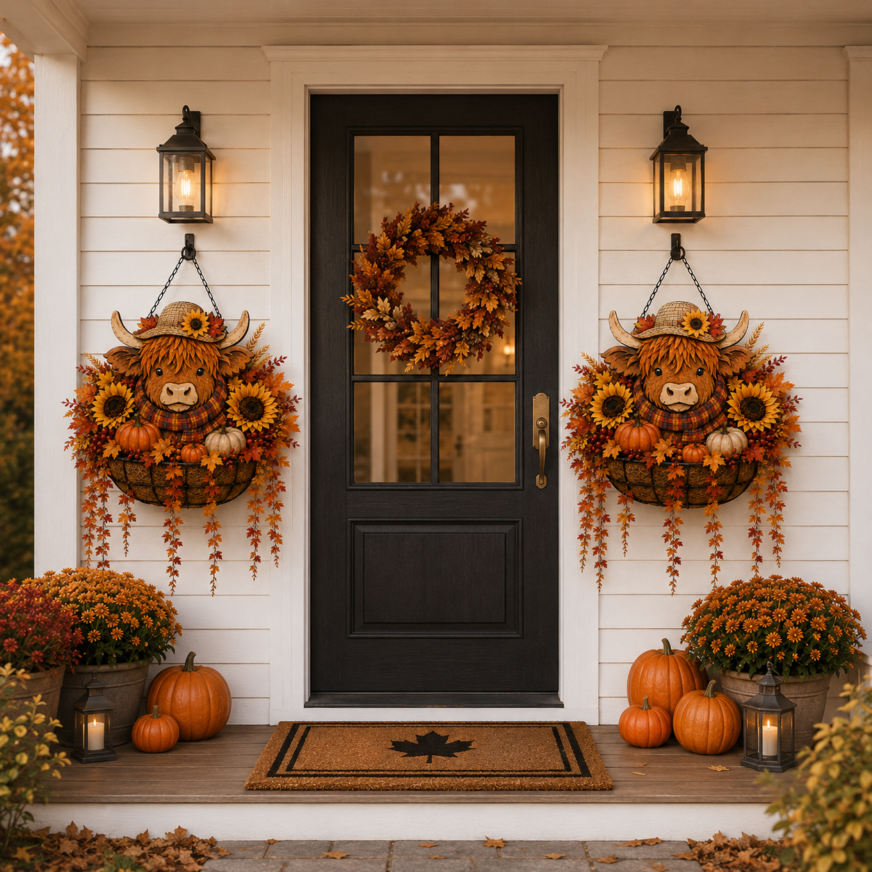 🐮🎃 Highland Cow Fall Hanging Basket with Warm LED Lights – Rustic Autumn Porch Decor & Farmhouse Welcome Accent