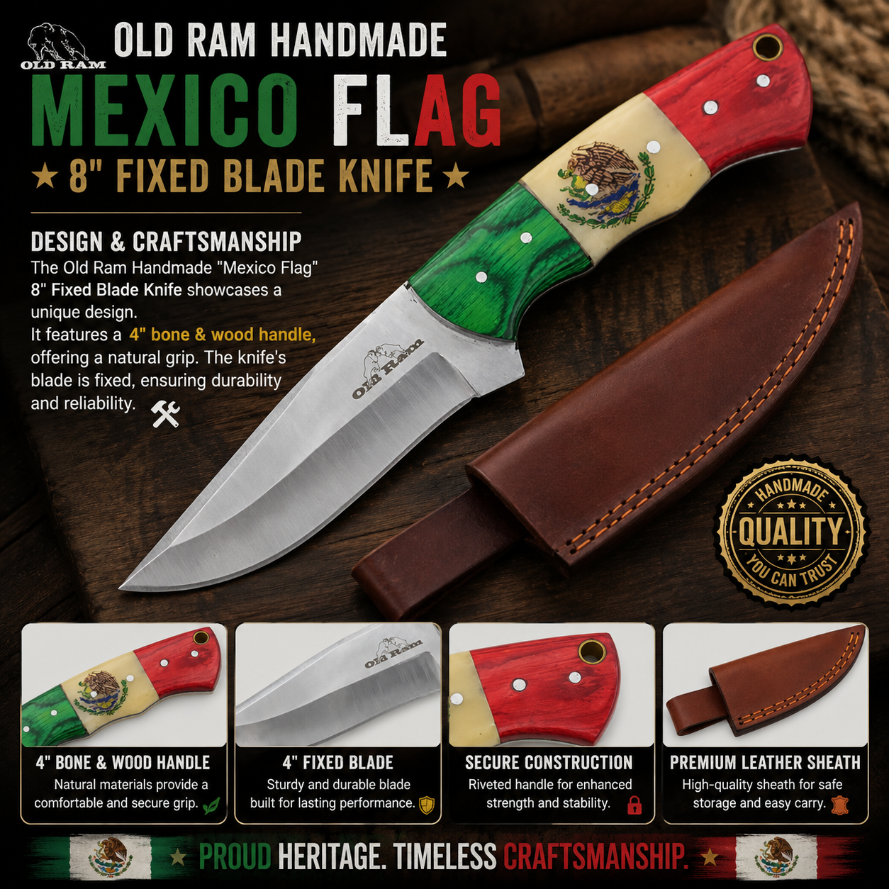 Old Ram Handmade "Mexico Flag" 8" Fixed Blade Knife, 4" Bone & Wood Handle, With Leather Carrying Case