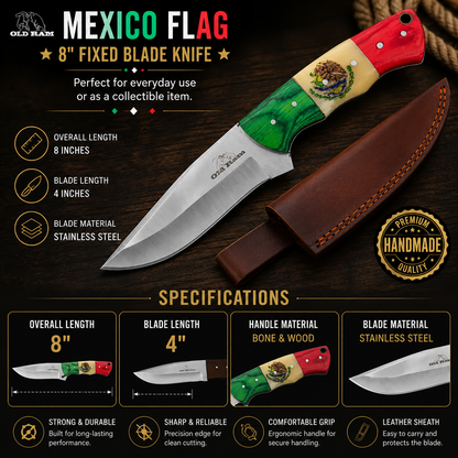 Old Ram Handmade "Mexico Flag" 8" Fixed Blade Knife, 4" Bone & Wood Handle, With Leather Carrying Case