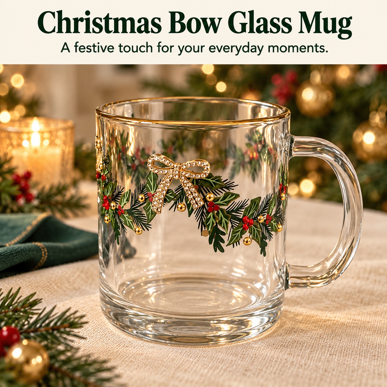 Style C Christmas bow glass mug with a handle