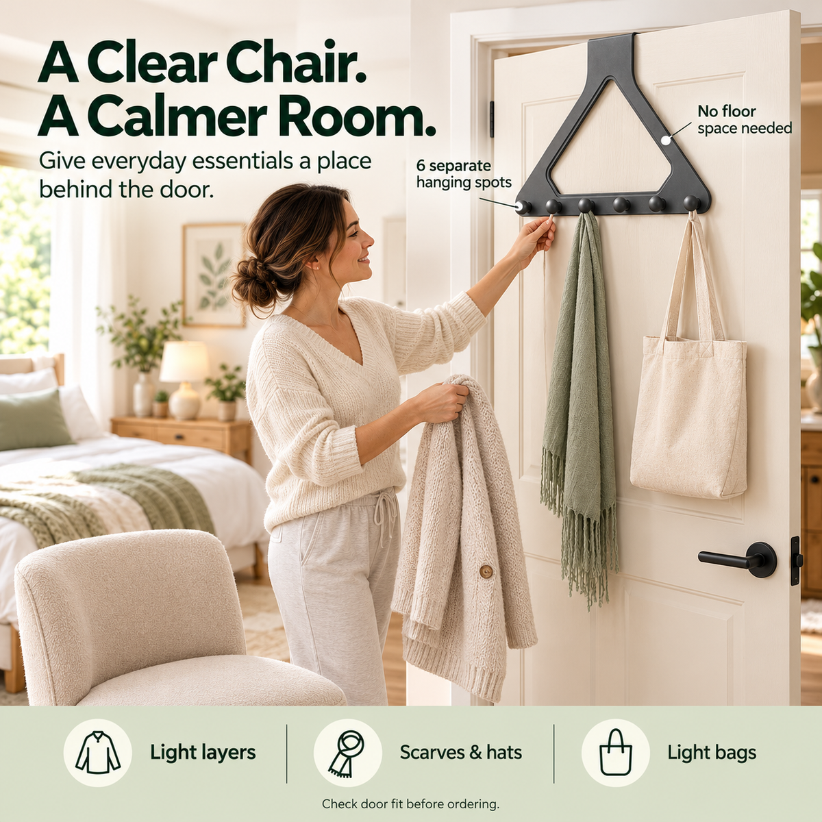 🚪 Over-the-Door 6-Hook Organizer – No-Drill Triangle Rack for Clothes, Towels, Hats & Bags