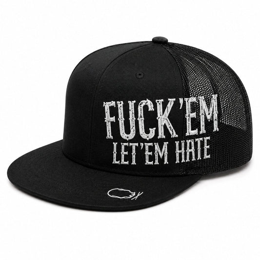 🔥LAST DAY 50% OFF - 😂🛠️"FUCK EM" LET ’EM HATE Black Snapback Hat – Bold Side Print Mesh Trucker Cap, Flat Bill Streetwear Hat for Men & Women🧢