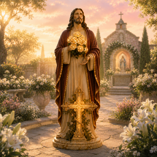 🕏 Solar Religious Garden Statue with LED Light – Virgin Mary & Jesus Resin Sculpture, IP65 Waterproof