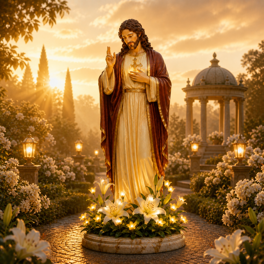🕏 Solar Religious Garden Statue with LED Light – Virgin Mary & Jesus Resin Sculpture, IP65 Waterproof