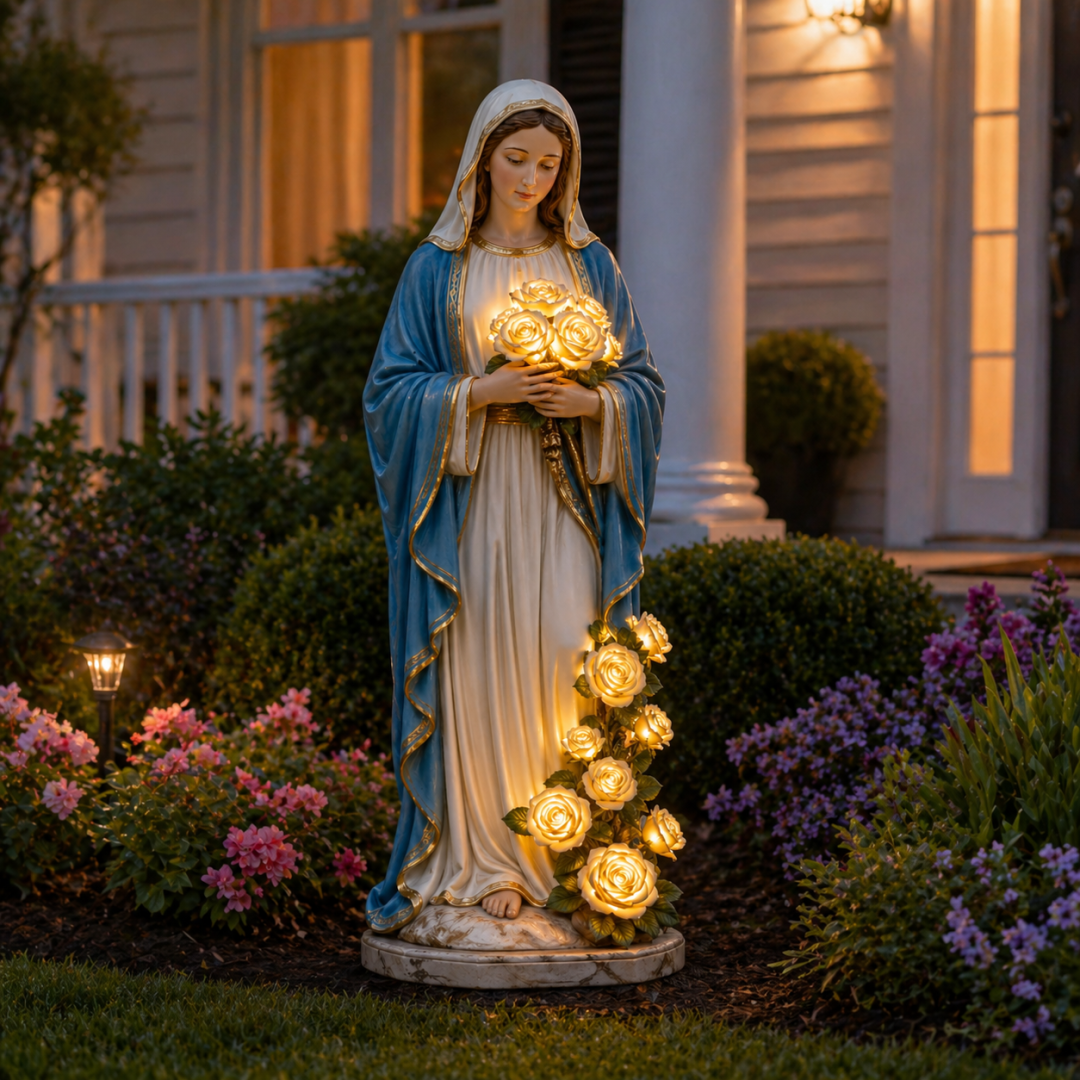 🕏 Solar Religious Garden Statue with LED Light – Virgin Mary & Jesus Resin Sculpture, IP65 Waterproof