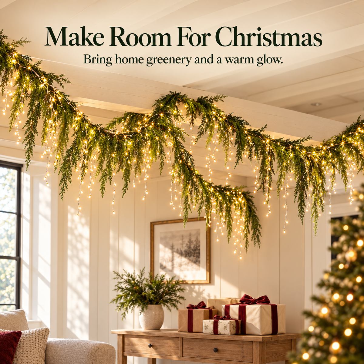 🎄 Christmas Greenery Garland & Warm Icicle Lights Set — Turn Empty Spaces Into Holiday Magic ✨