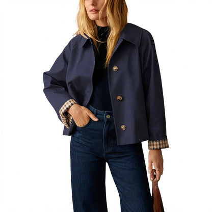 🧥 Classic Collar Cropped Jacket – Checkered Lining