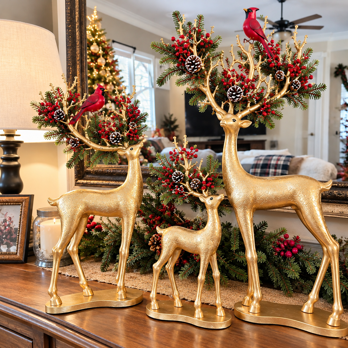 ✨ Cardinal Woodland Reindeer™ – Lighted Golden Christmas Deer Decorations